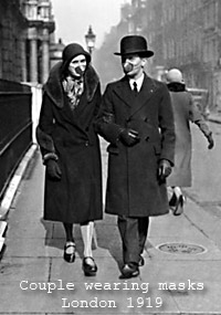 Couple wearing masks London 1919